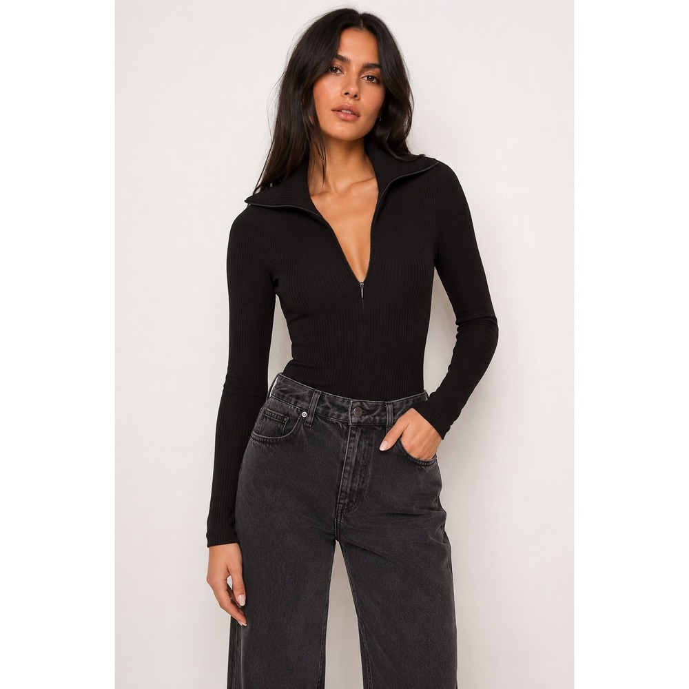 Good American Women Black Ribbed Half Zip Long Sleeve Bodysuit GB0320 Size 0 XS